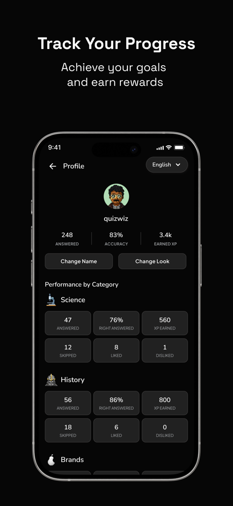 User profile screen showing trivia performance statistics and progress tracking across different quiz categories