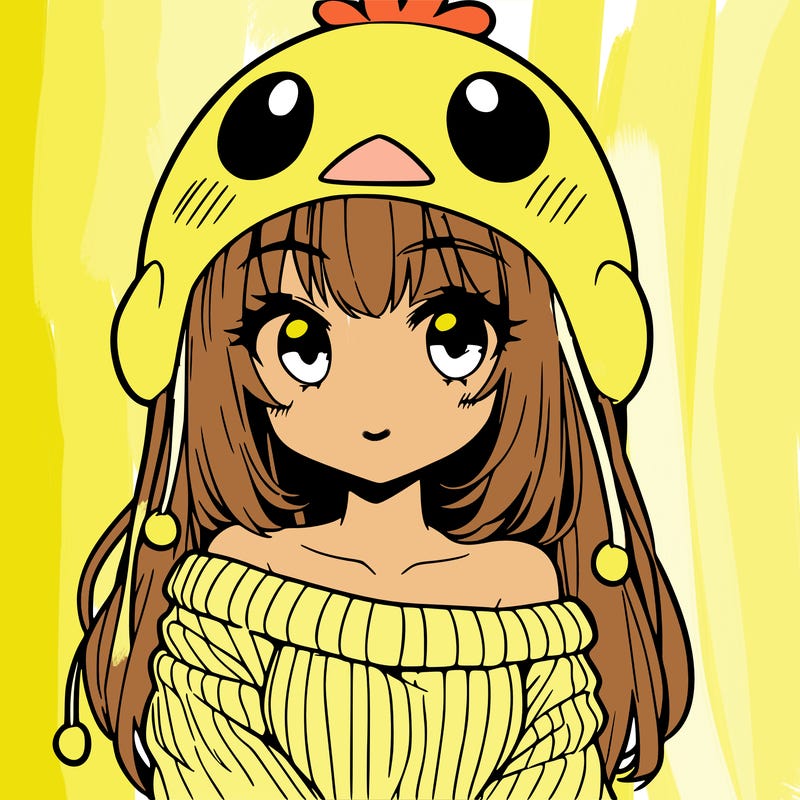 anime girl with chick shaped hat with sweater with bare shoulders with bangs covering them one eye with low tail