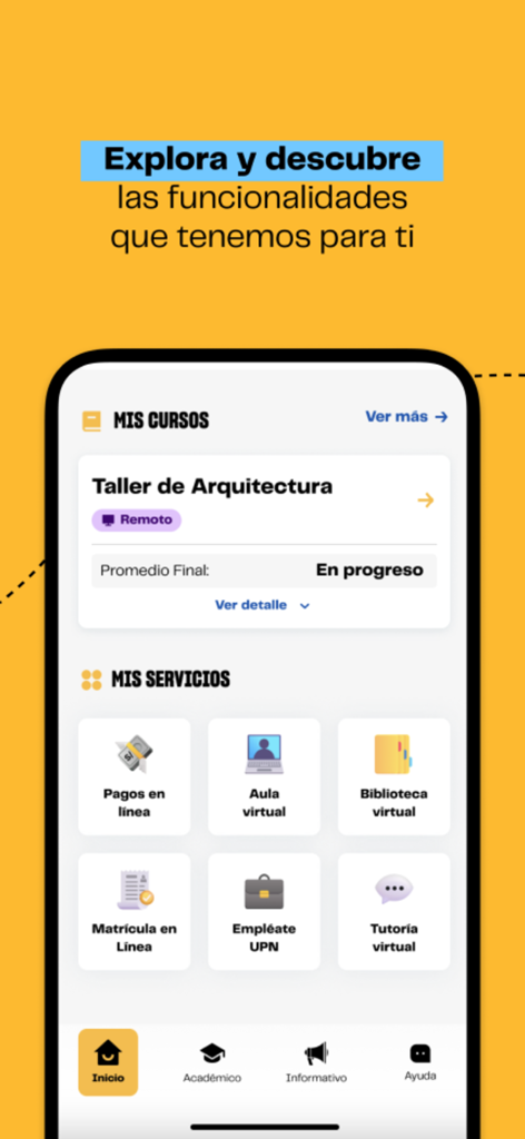 UPN Móvil - Pantalla de inicio de la app UPN Movil mostrando los cursos de los estudiantes y los servicios digitales