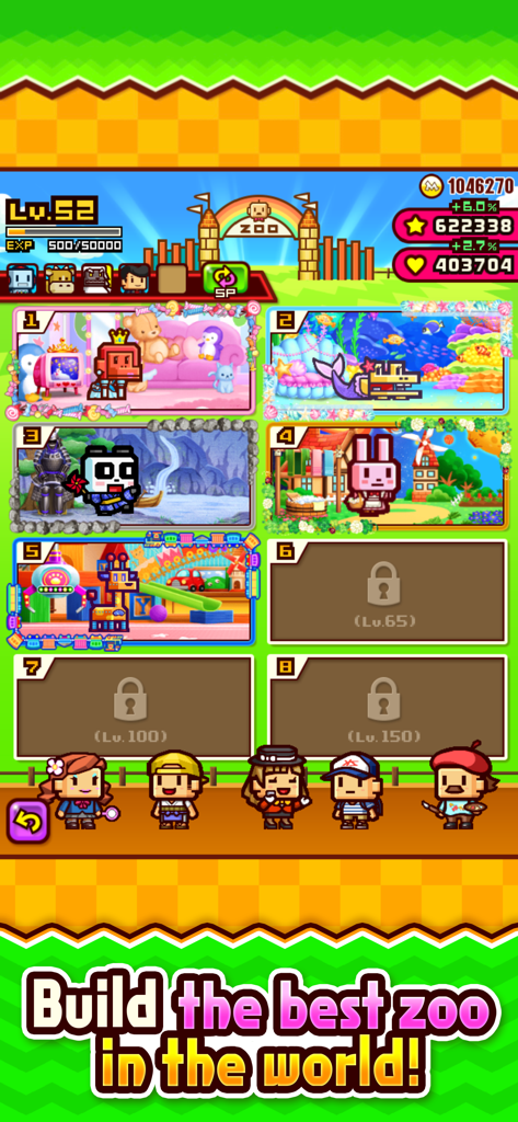 Zookeeper Battle interface showing multiple themed animal enclosures with pixel art graphics