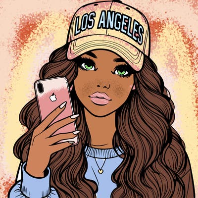 realistic beautiful girl wearing los ángeles cap holding an iphone