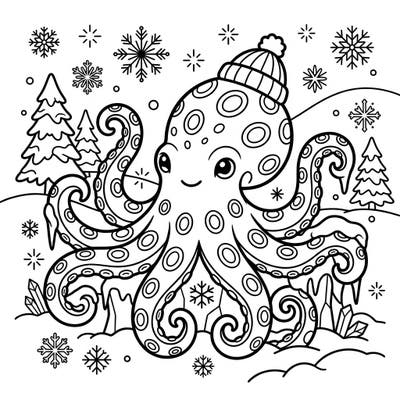 Get ready for a unique winter coloring experience with this charming blue-ringed octopus. This delightful scene brings oceanic wonder to a snowy landscape, perfect for creative minds.