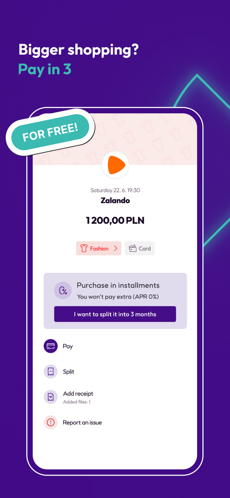 Pantalla de la aplicación móvil Twisto que muestra la opción de dividir una compra en tres plazos sin intereses