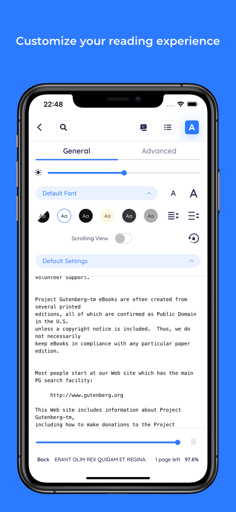 BookFusion reading interface showing customization settings for fonts and themes