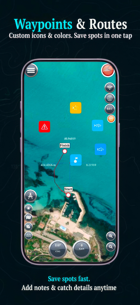 Marine-Navigations-App-Oberfläche mit benutzerdefinierten Angel-Wegpunkten und einer geplanten Route auf einer Satellitenkarte