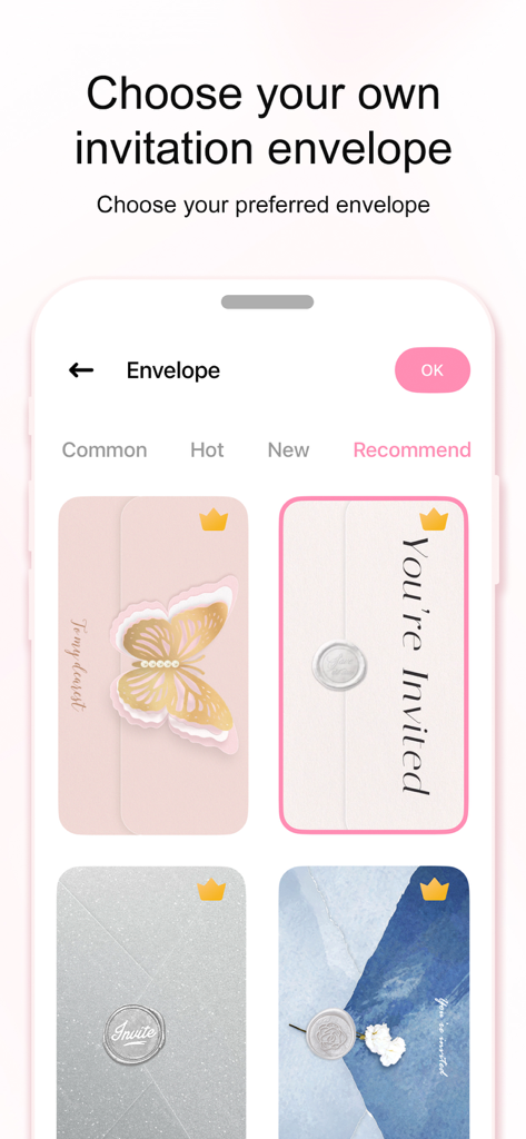 Invitation Maker Greeting Card - Mobile screen showing various elegant digital invitation envelope designs with wax seals and decorative patterns