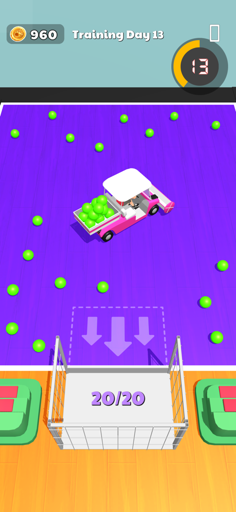 A pink cart collecting green balls on a purple floor in Dodge The Ball 3D training mode.