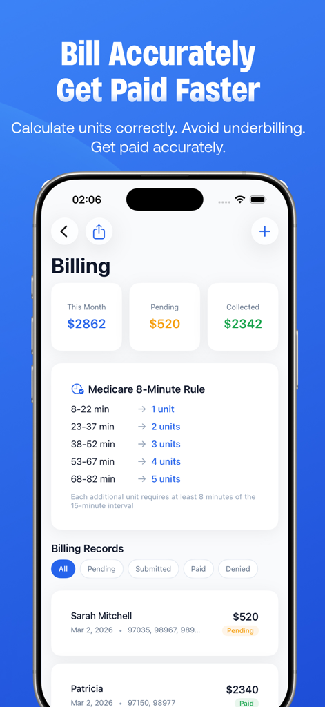 PhysioPocket: PT SOAP AI - PhysioPocket app billing dashboard showing a Medicare 8-minute rule unit calculator and patient billing status tracking.