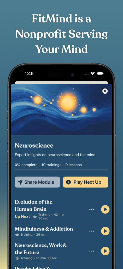 FitMind app interface showing a list of neuroscience training modules for mental fitness.
