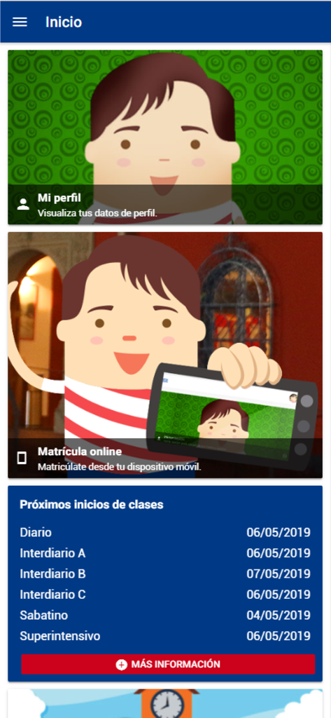 Britanico App home screen displaying online registration options and upcoming class start dates