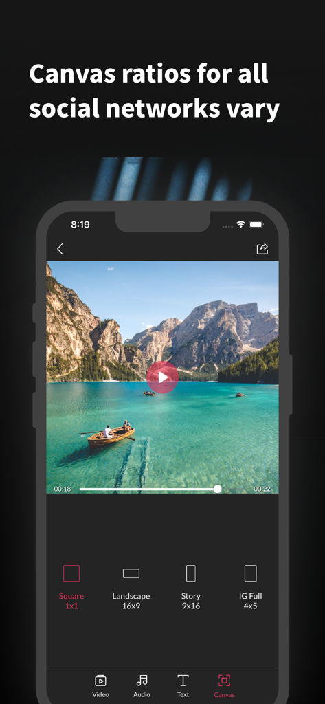 Slideshow Maker & Music Video - Bildschirm der PicMusic App, der verschiedene Video-Seitenverhältnisoptionen für Social-Media-Plattformen anzeigt.