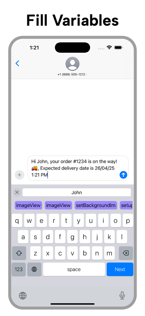 LazyBoard: Phrase Keyboard - iPhone interface showing dynamic variables feature for personalizing text message templates