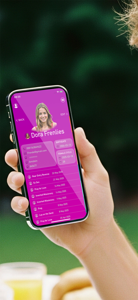 Smartphone displaying a partner profile and encounter history in the SexOrganizer app