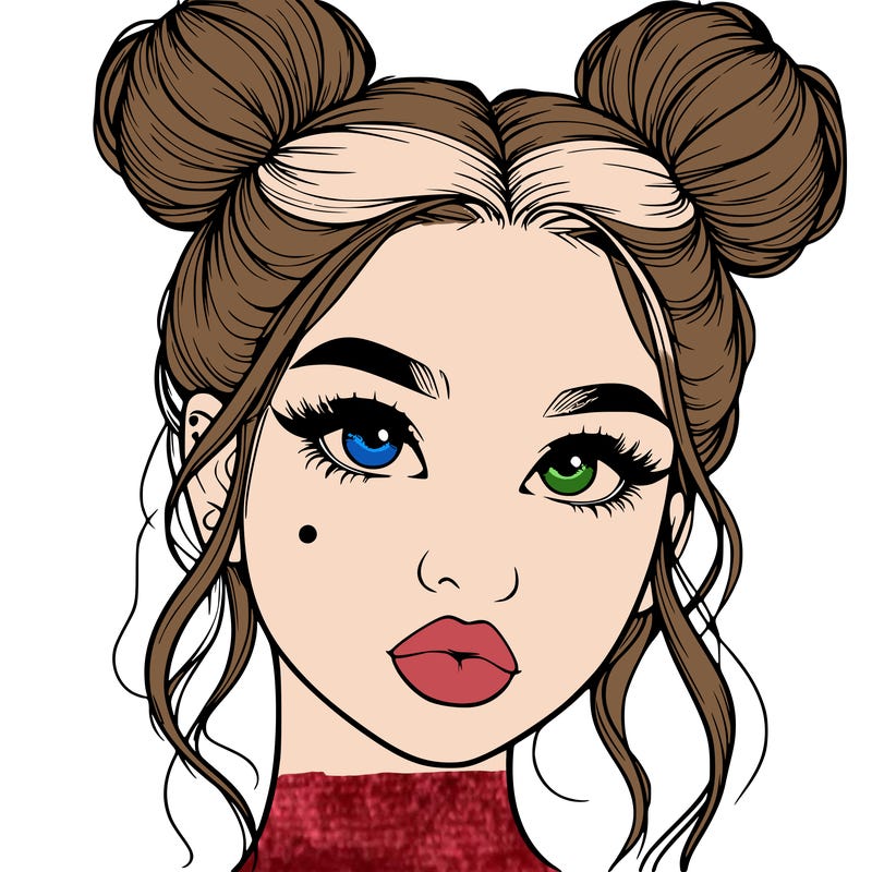 realistic girl with two buns on her hair and lips