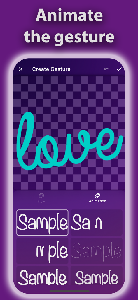 Pro Stickers Maker 3D - Interfaz de la app mostrando la palabra 'amor' animada con diferentes estilos