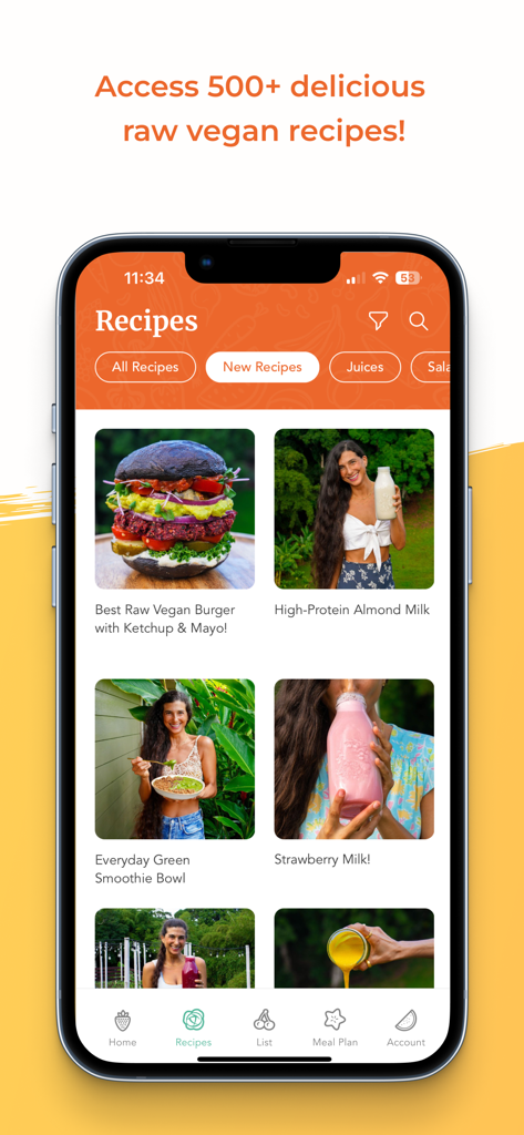 FullyRaw by Kristina - A smartphone showing the FullyRaw by Kristina app recipe gallery with photos of raw vegan burgers, smoothies, and almond milk