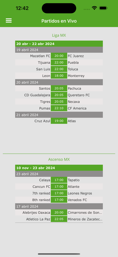 Mexican Soccer Live app displaying the match schedule for Liga MX and Ascenso MX