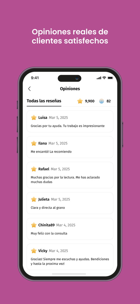 Lista de opiniones y testimonios de usuarios satisfechos en la aplicacion Psiquicos Tarot y Videntes