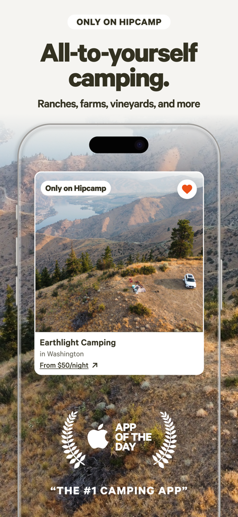 Hipcamp app screenshot showing a private campsite in Washington with mountain views and Apple App of the Day badge
