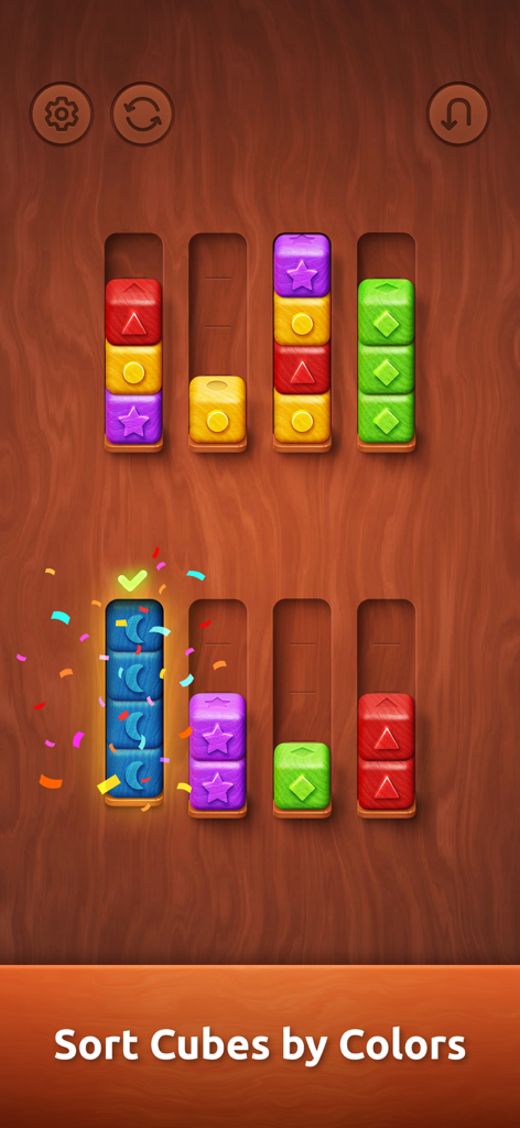 A sorting puzzle game with colorful wooden blocks on a wood grain background.