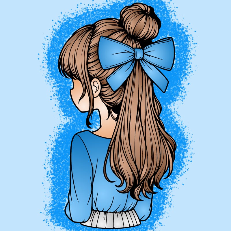 realistic girl  with hip length hair a bun and a big bow on the back of head