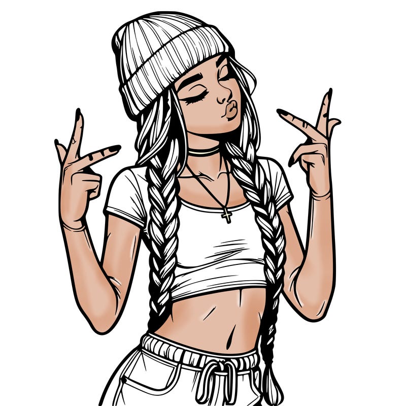realistic teenage girl with braids and a beanie and crop top doing 🫶🏼