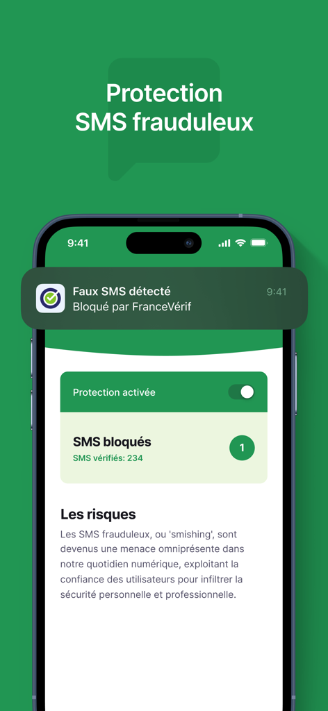 FranceVerif - FranceVerif mobile app screen showing fraudulent SMS protection enabled and a notification for a blocked fake message.