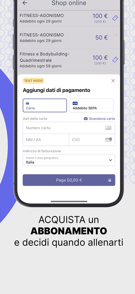 MooPlan - MooPlan app interface showing the online shop and payment details screen for a fitness subscription.