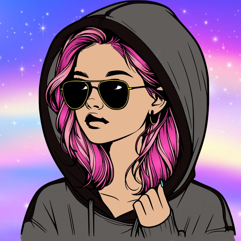realistic teenage girl, wearing a hoodie and sunglasses