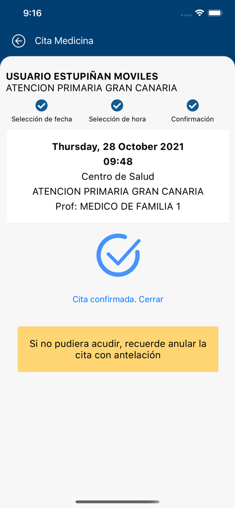 miCita previa - A confirmed medical appointment screen in the miCita previa app showing the date and time.