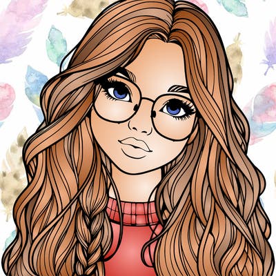 girl with long hair and freckles and glasses realistic