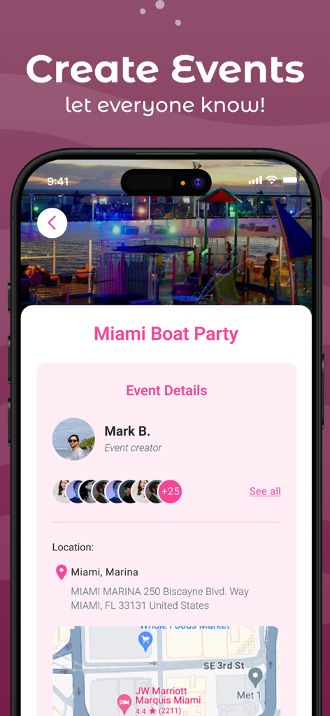 Boat Daddy: Get On The Water - Captura de pantalla de una aplicación móvil de Boat Daddy mostrando detalles de un evento de fiesta en barco en Miami, incluyendo el creador, ubicación y mapa.