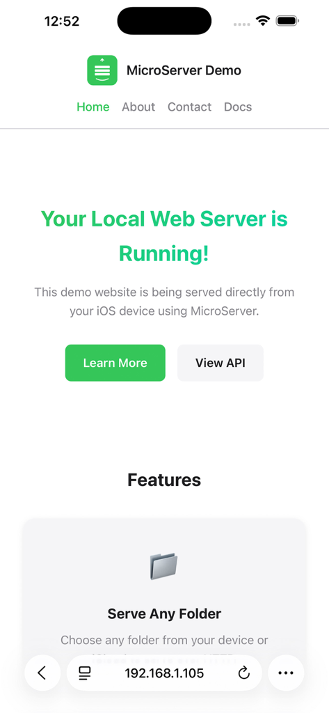 Una demostración de sitio web alojado en un iPhone usando MicroServer, mostrando que el servidor web local está funcionando