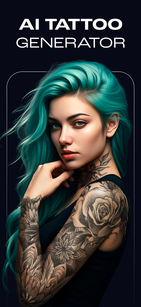 AI Tattoo Design- Tattoo Maker - La aplicación AI Tattoo Generator muestra a una mujer con cabello verde y tatuajes intrincados en el brazo.