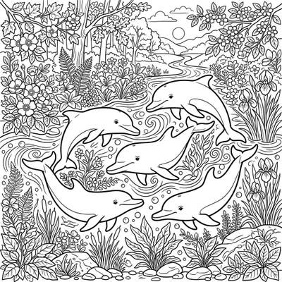 Embark on a serene journey into nature with this delightful river dolphin coloring page, celebrating the vibrancy of spring. Discover five graceful dolphins navigating a freshwater paradise, surrounded by an abundance of blooming flora and intricate natural details.