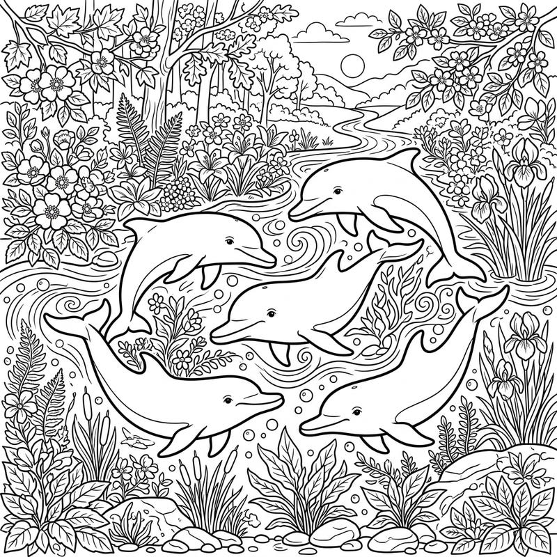 Embark on a serene journey into nature with this delightful river dolphin coloring page, celebrating the vibrancy of spring. Discover five graceful dolphins navigating a freshwater paradise, surrounded by an abundance of blooming flora and intricate natural details.