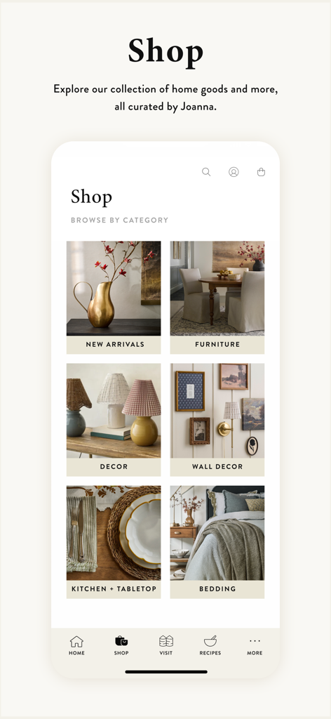 Pantalla de compras de la aplicación Magnolia que muestra categorías seleccionadas de muebles y ropa de cama para el hogar.