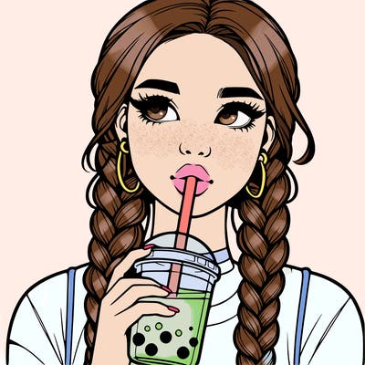 realistic girl with braided hair drinking boba