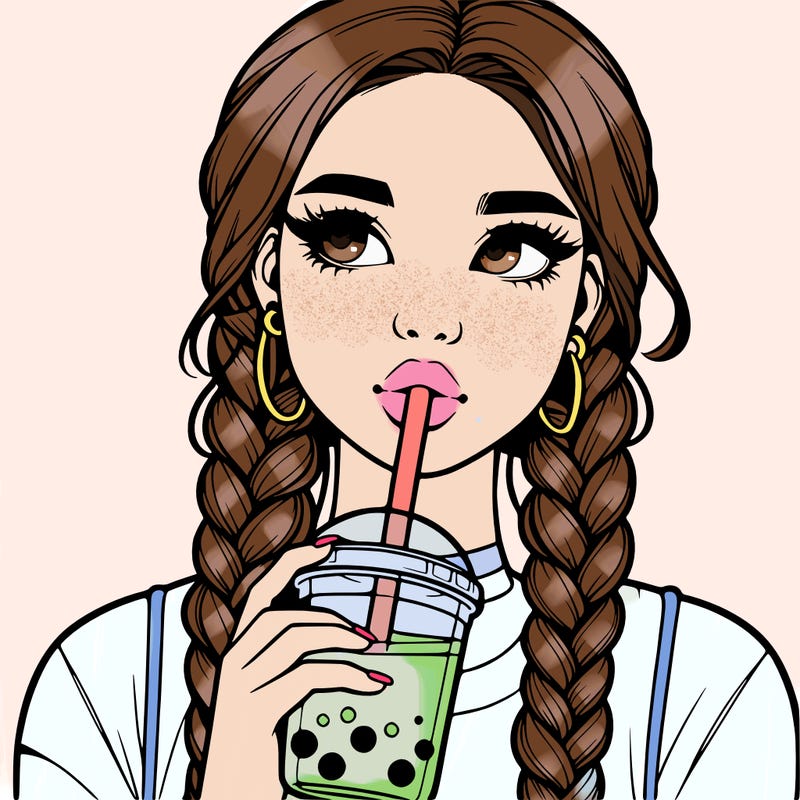 realistic girl with braided hair drinking boba