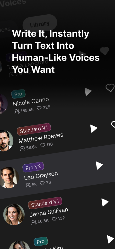 Genny TTS: AI Voice Generator - Interface of Genny TTS showing a variety of human like AI voice options with labels like Pro and Standard V1
