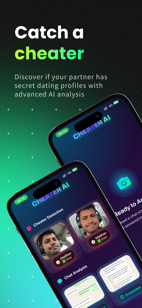 Buster AI app interface displaying cheater detection and chat analysis features