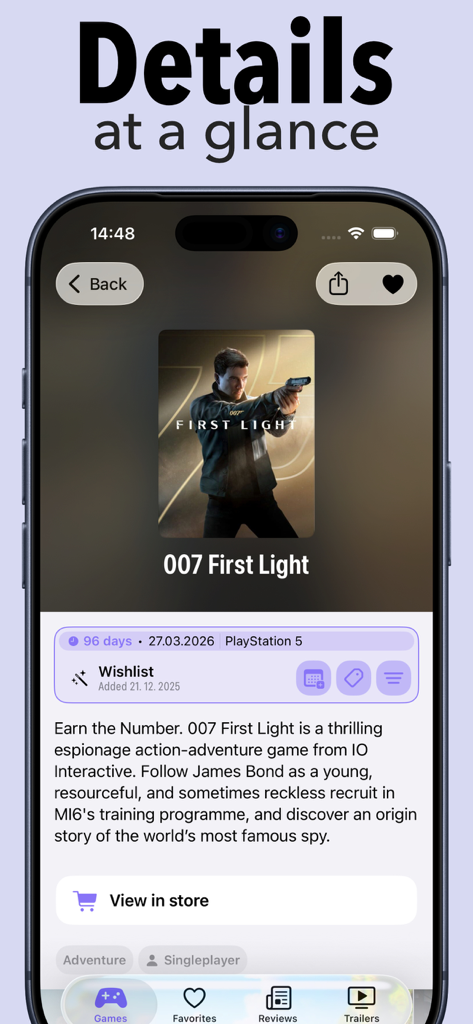 GamingBuddy: Game Tracker - Detailed view of a game entry in the GamingBuddy app showing the release date and description