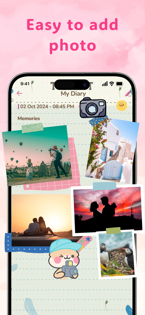 My Daily Diary - Mood Journal - 스크랩북 스타일 레이아웃에 사진과 스티커가 있는 미학적인 디지털 일기 인터페이스.