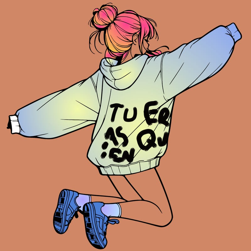 realistic girl jumping with a bun and oversized sweatshirt