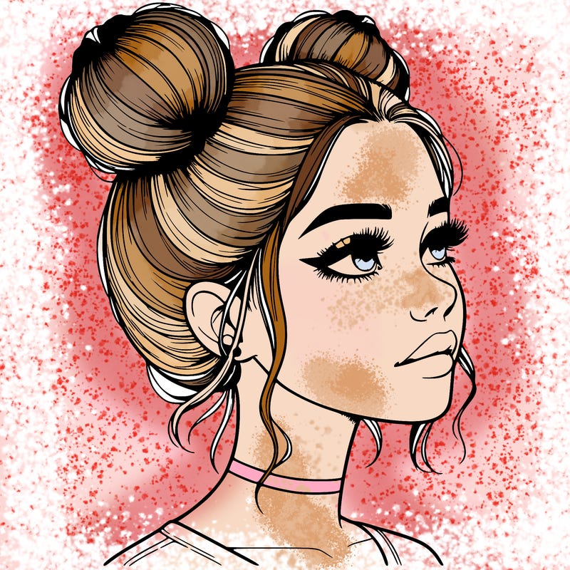realistic girl with buns on the top of her head