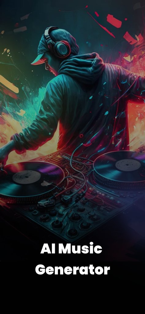 Seed: AI Music Generator - Seed AI Music Generatorアプリのための、ネオングラデーションのスプラッシュでトラックをミックスするDJのデジタルアート。