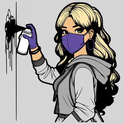 realistic girl with mask spray painting a wall