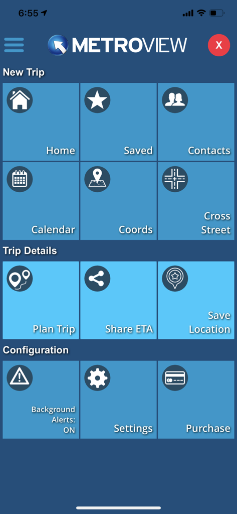 MetroView GPS Navigation - Menu principale dell'app MetroView GPS Navigation con pulsanti a riquadri per la pianificazione del viaggio, posizioni salvate e configurazione del sistema.
