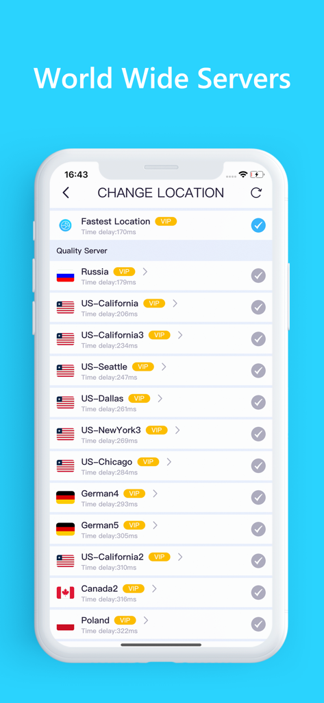 VPN for iPhone - Unlimited VPN - 아이폰에 표시된 글로벌 VPN 서버 위치 목록 (연결 속도 및 국가별 국기 포함)