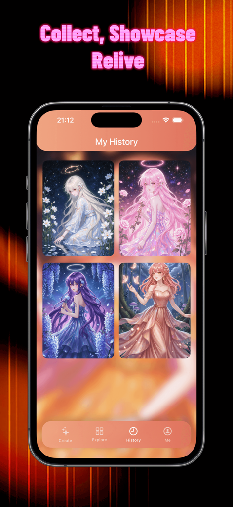 Fobb - Fobb app history screen showing a collection of dreamy AI-generated fantasy character illustrations.